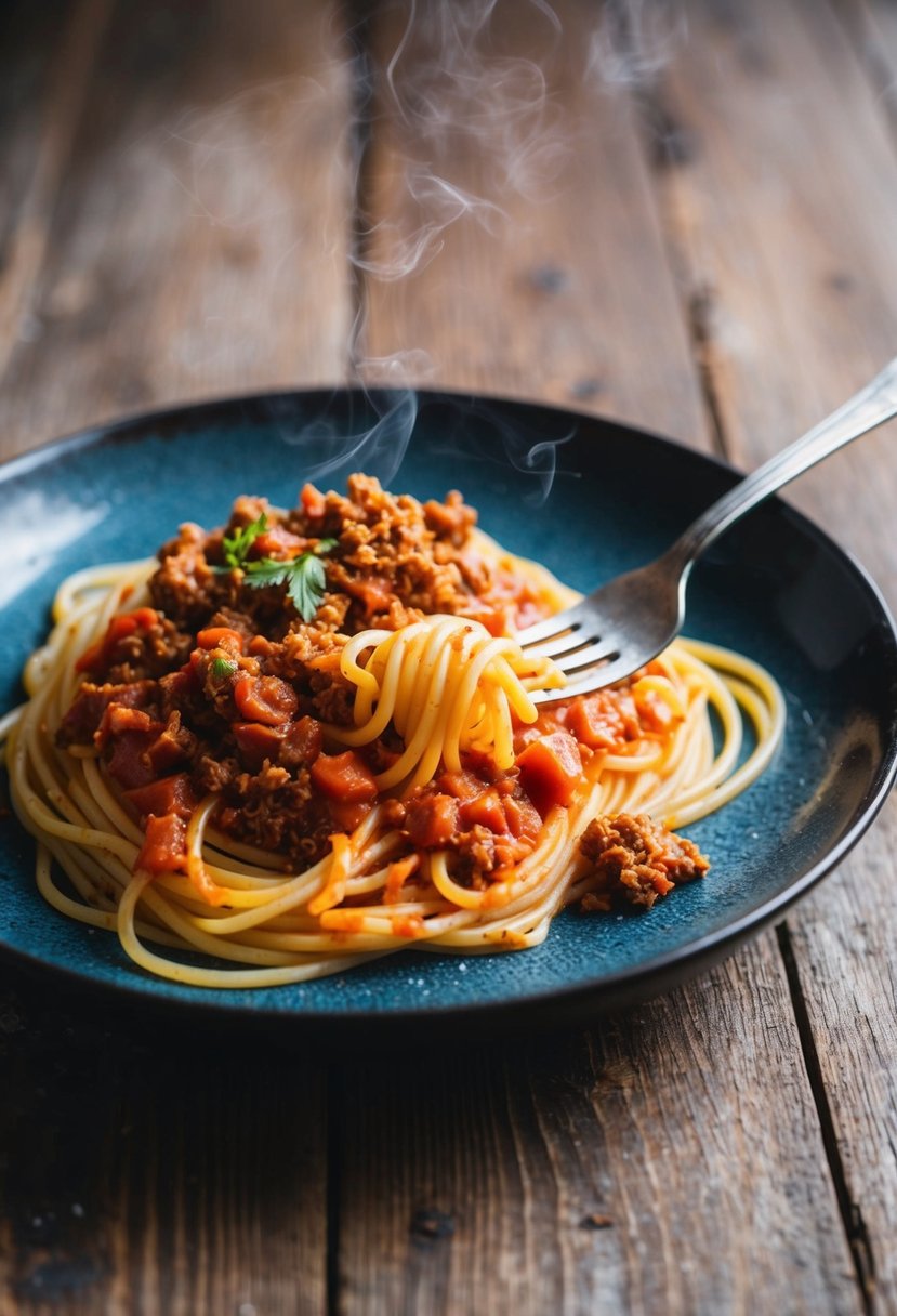 A steaming plate of gluten-free spaghetti Bolognese sits on a rustic wooden table, topped with rich tomato sauce and savory ground meat. A fork twirls the pasta