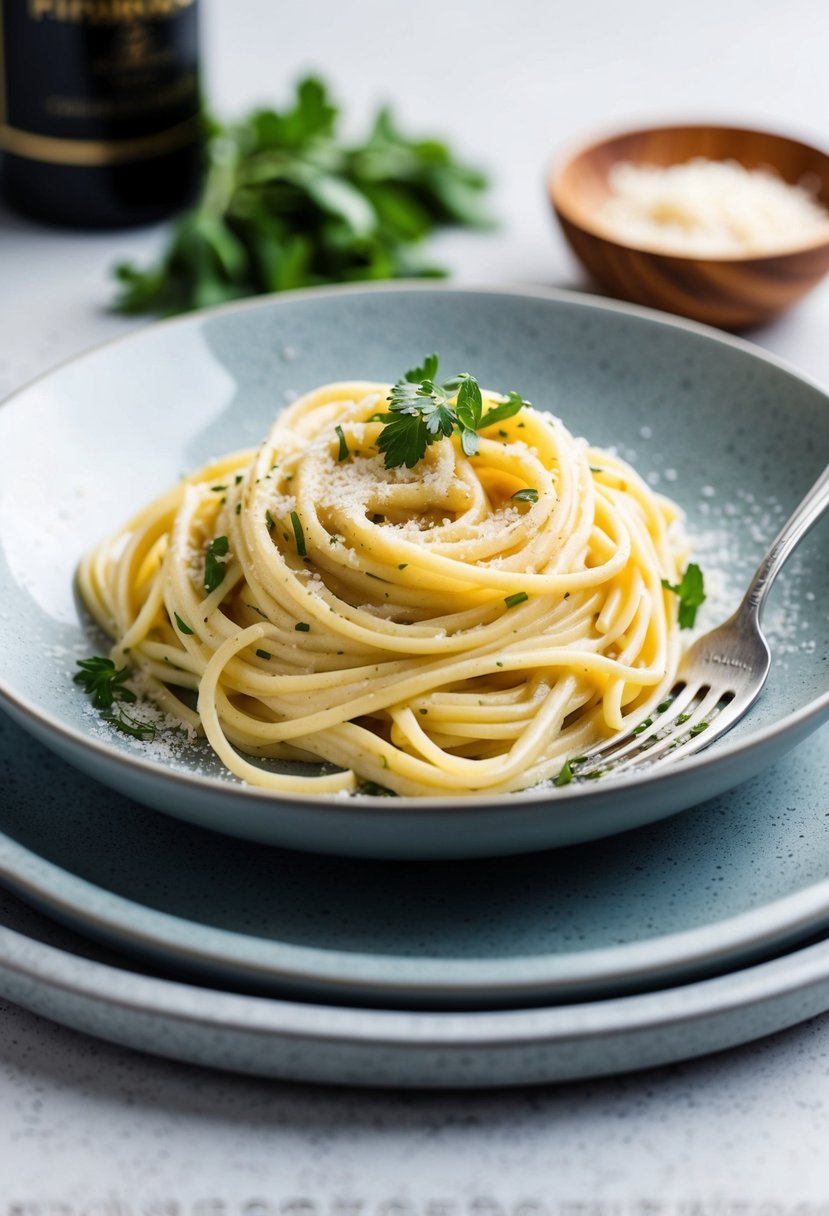 A steaming plate of creamy Alfredo gluten-free pasta, topped with fresh herbs and a sprinkle of Parmesan cheese