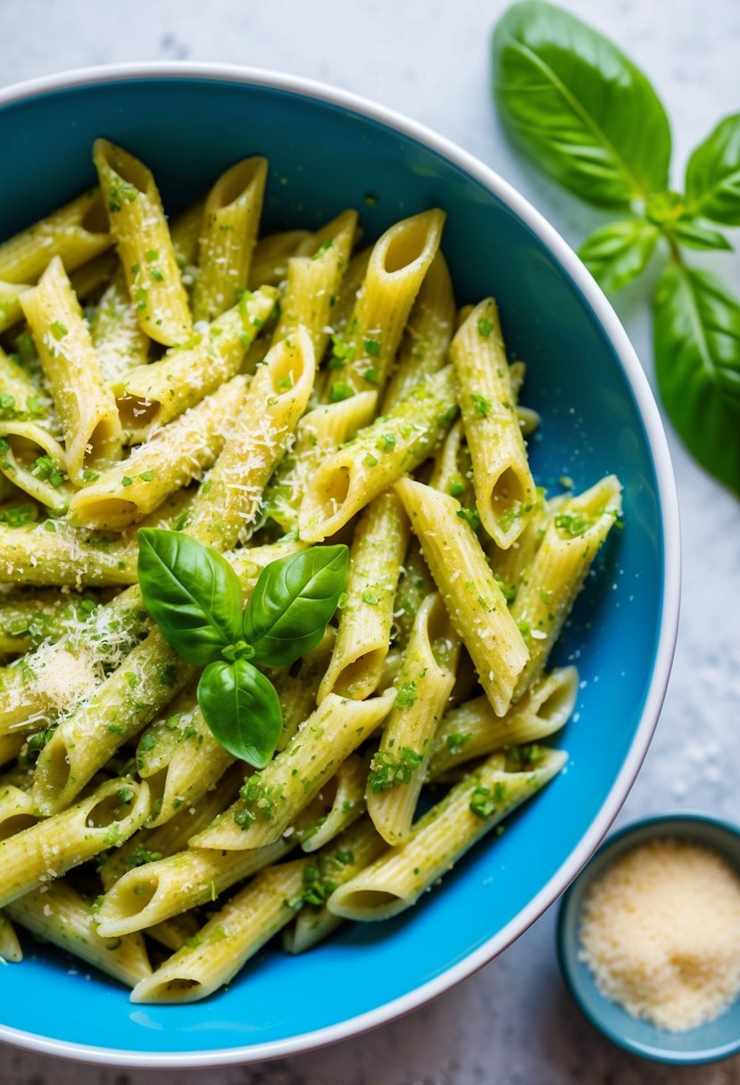 A colorful bowl of gluten-free penne pasta coated in zesty pesto sauce, garnished with fresh basil leaves and grated parmesan cheese