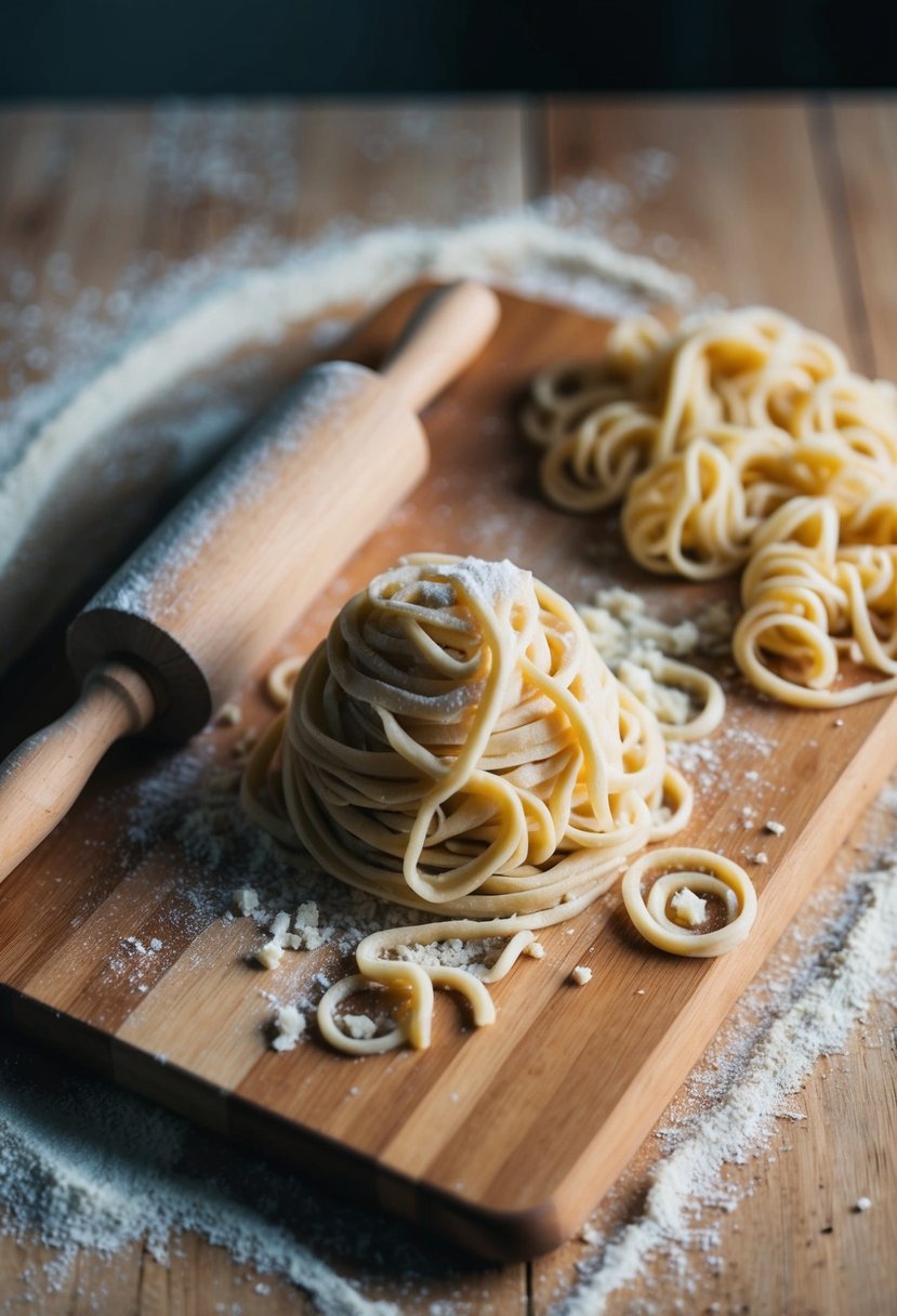 A wooden cutting board with a rolling pin and a mound of gluten-free noodle dough, surrounded by scattered flour and a few loose noodles