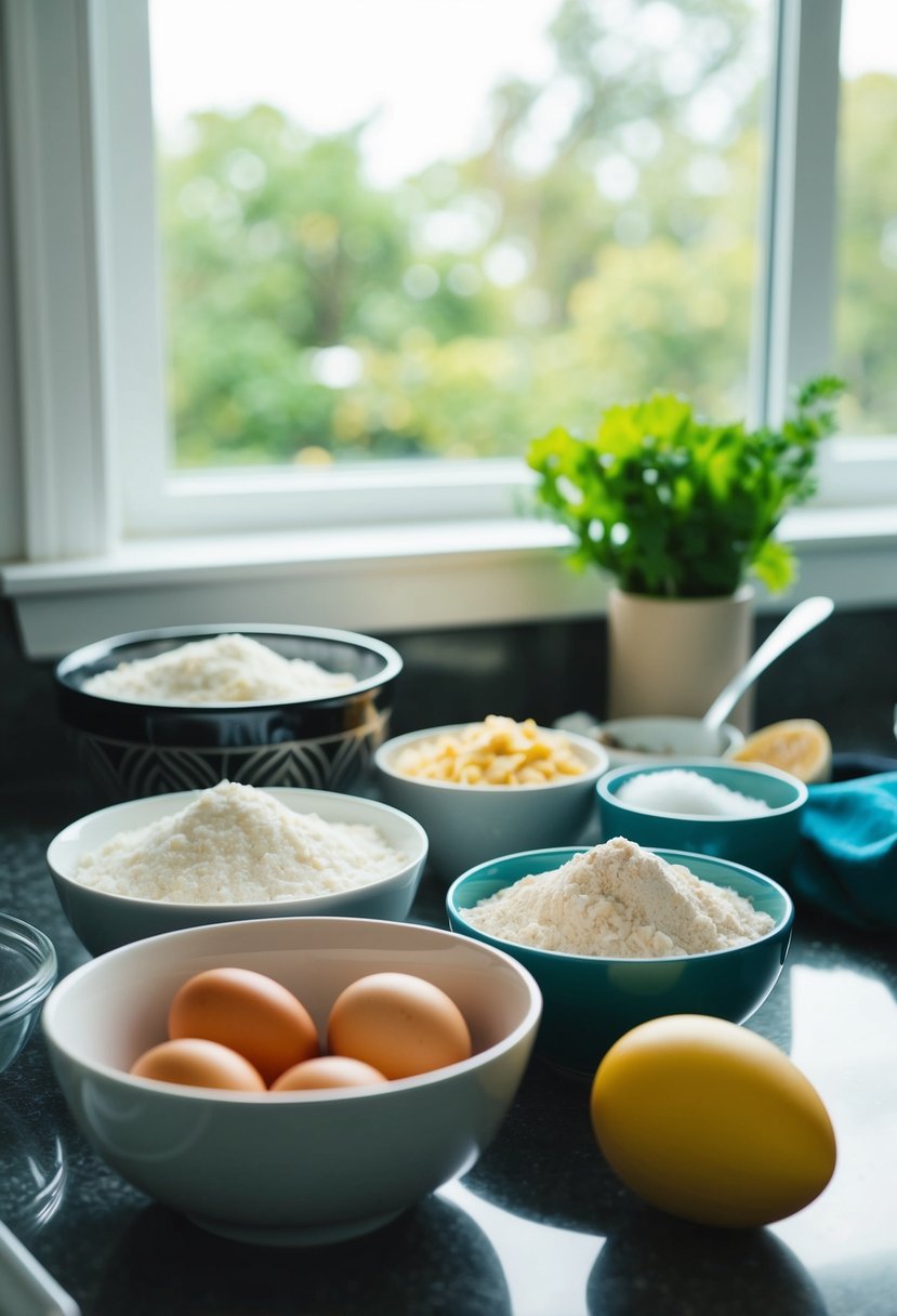 A kitchen counter with bowls of coconut flour, eggs, and various keto-friendly ingredients for baking