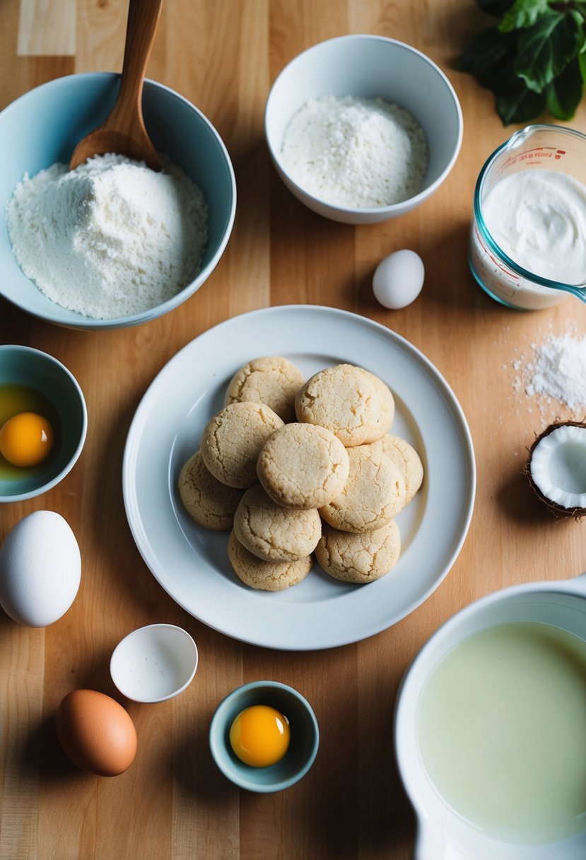 A plate of coconut flour cookies surrounded by ingredients like coconut flour, eggs, and coconut oil on a kitchen counter