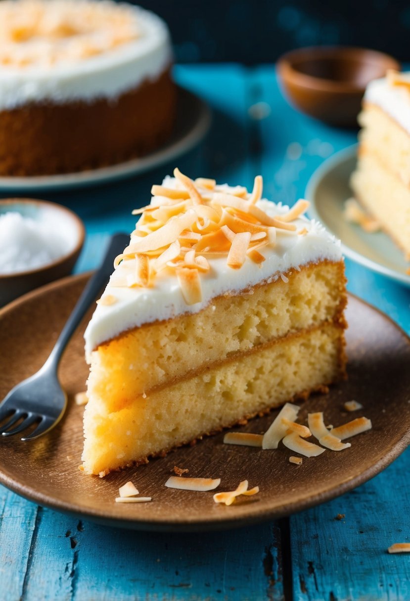 A slice of moist coconut flour cake topped with shredded coconut and served on a rustic wooden plate