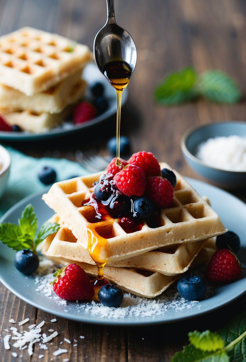 A plate of fluffy coconut flour waffles topped with berries and a drizzle of sugar-free syrup, surrounded by shredded coconut and a sprig of fresh mint