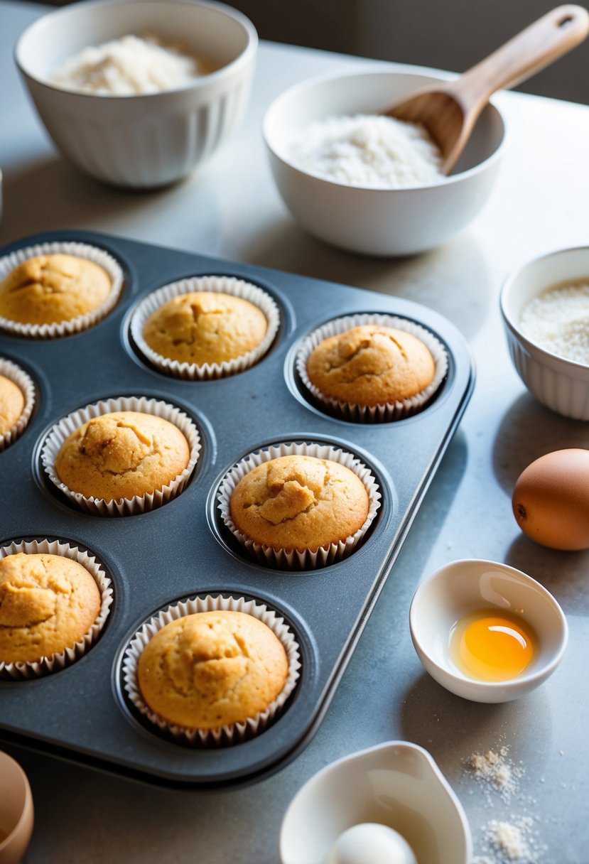 A kitchen counter with a tray of freshly baked coconut flour muffins, surrounded by ingredients like coconut flour, eggs, and coconut oil