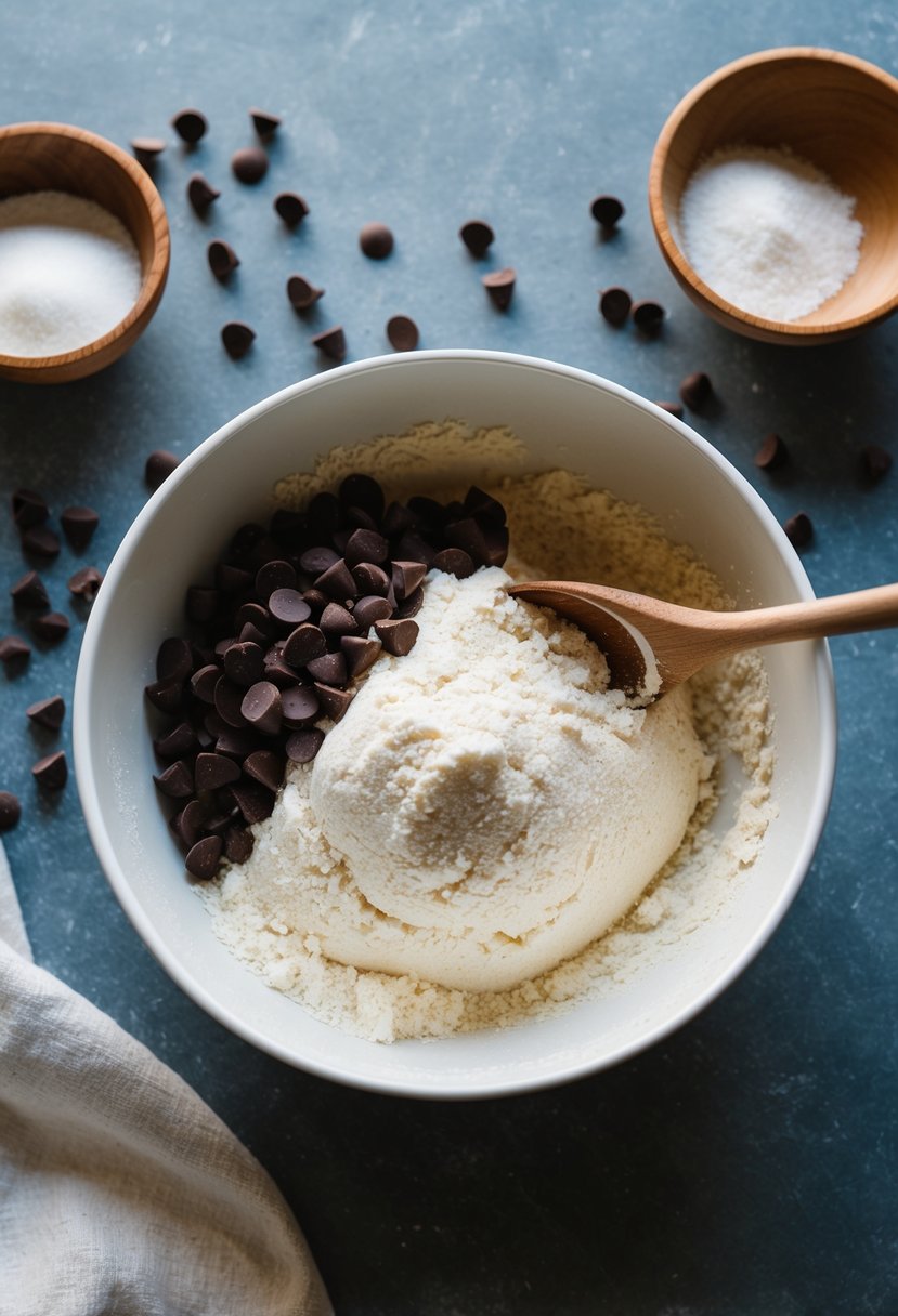 A mixing bowl filled with coconut flour, chocolate chips, and other ingredients. A wooden spoon mixing the dough