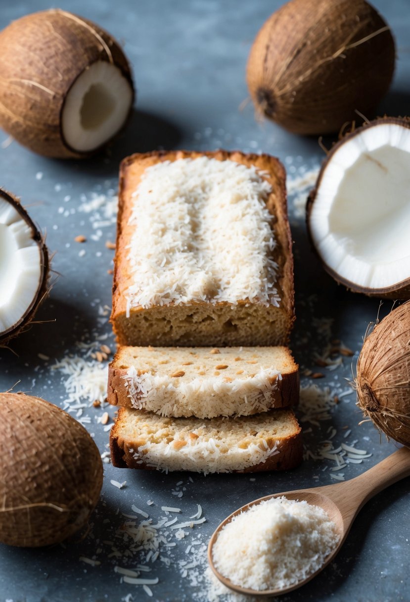 A loaf of Keto Coconut Bread surrounded by coconut flour, shredded coconut, and a few fresh coconuts