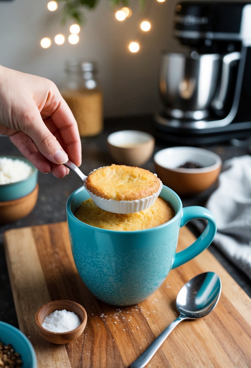 A coconut flour mug cake being prepared with keto ingredients in a cozy kitchen setting