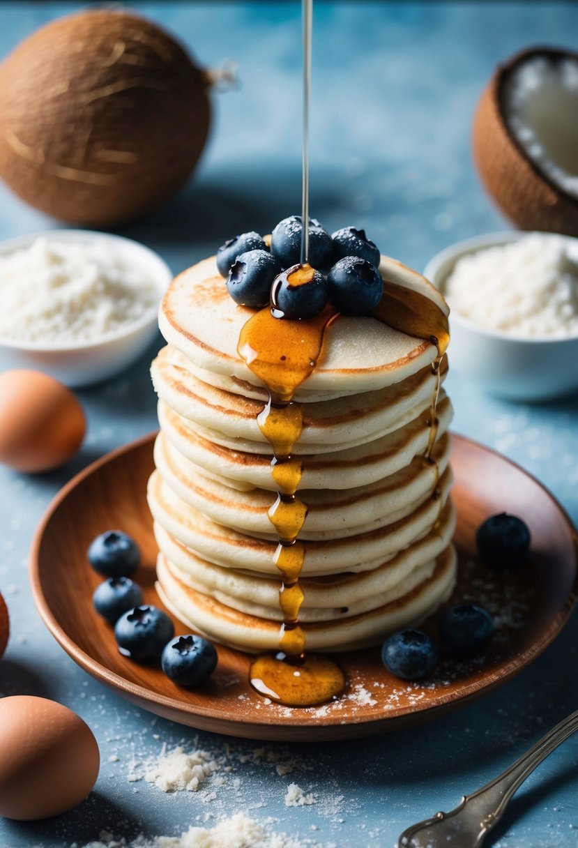 A stack of coconut flour pancakes topped with berries and drizzled with sugar-free syrup on a wooden plate, surrounded by coconut flour, eggs, and a coconut