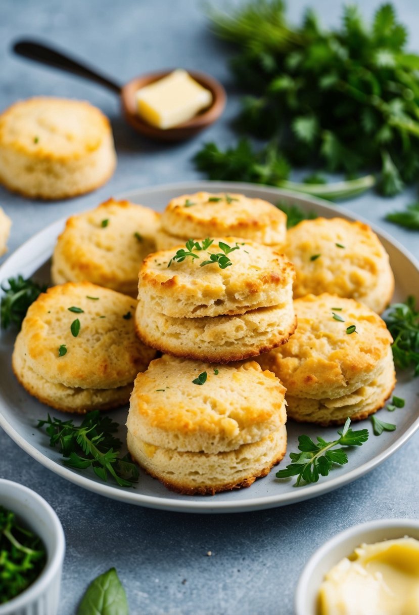 A plate of golden brown coconut flour biscuits surrounded by fresh herbs and a dollop of butter