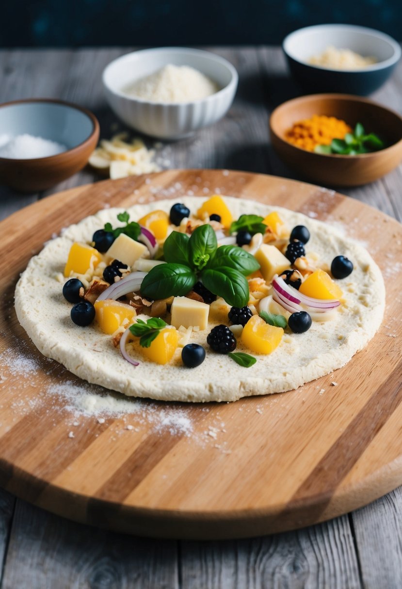 A coconut flour pizza crust being prepared with various keto-friendly ingredients on a wooden cutting board