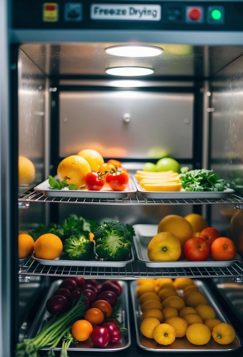 Fresh fruits and vegetables arranged on trays inside a freeze-drying machine