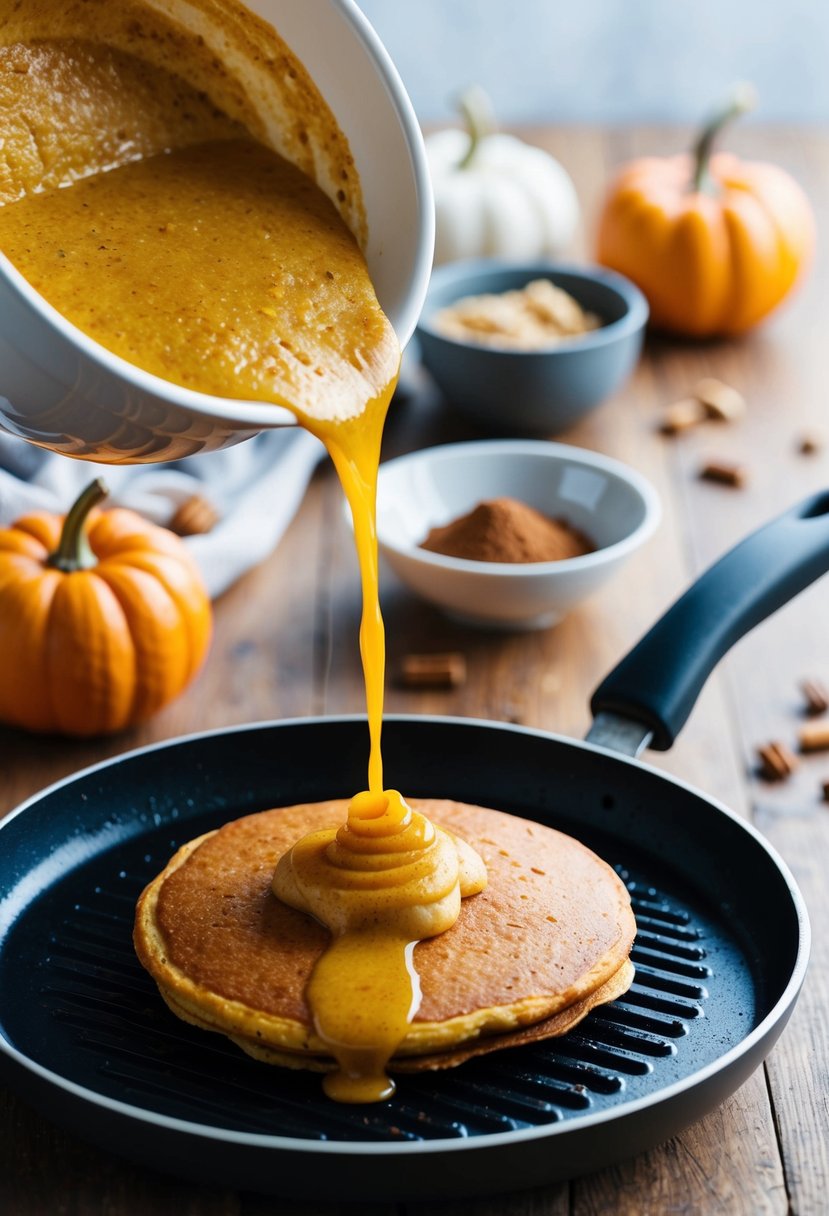 A bowl of pumpkin pancake mix being poured onto a hot griddle. Ingredients scattered around