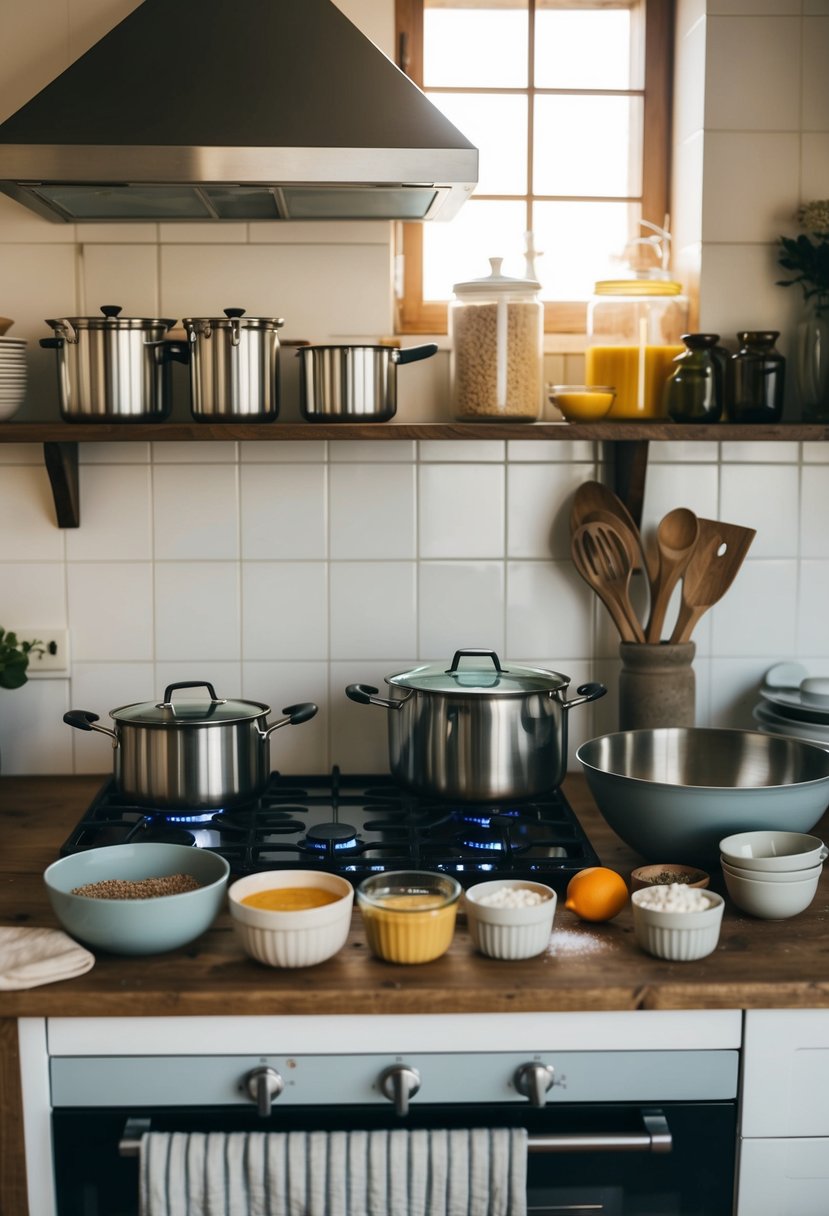 A rustic kitchen with a stovetop, pots and pans, mixing bowls, and various ingredients laid out for baking recipes without an oven