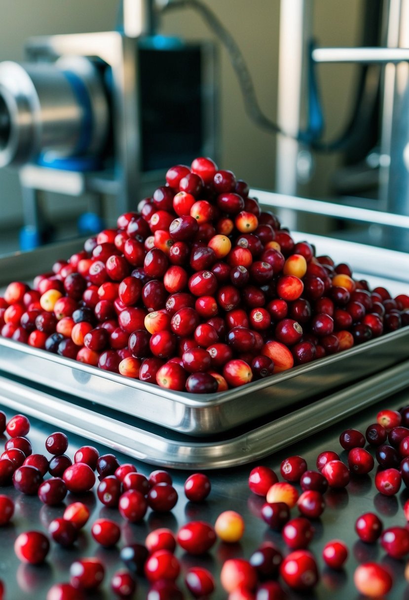 A vibrant pile of cranberries arranged on a stainless steel tray, surrounded by the equipment used for freeze drying