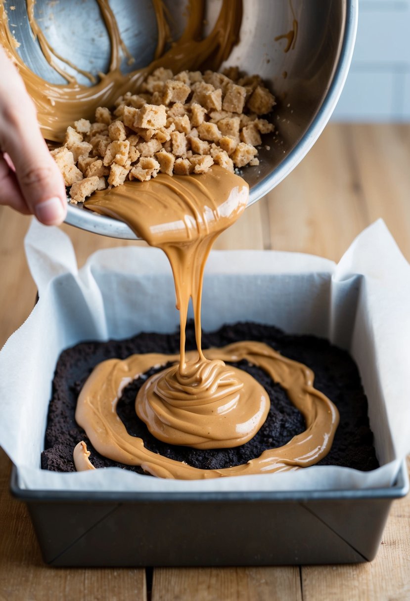 A mixing bowl filled with crushed cookies, peanut butter, and melted chocolate, being pressed into a pan lined with parchment paper