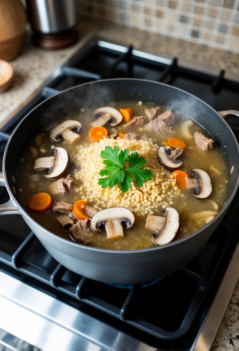 A pot of mushroom, beef broth, and cous cous soup simmering on a stovetop