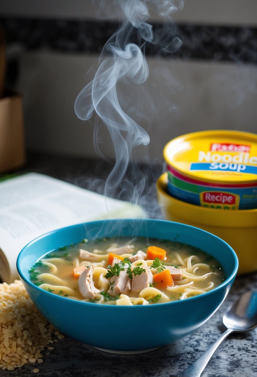 A steaming bowl of chicken noodle soup sits on a countertop next to a pile of freeze-dried ingredients and a recipe book