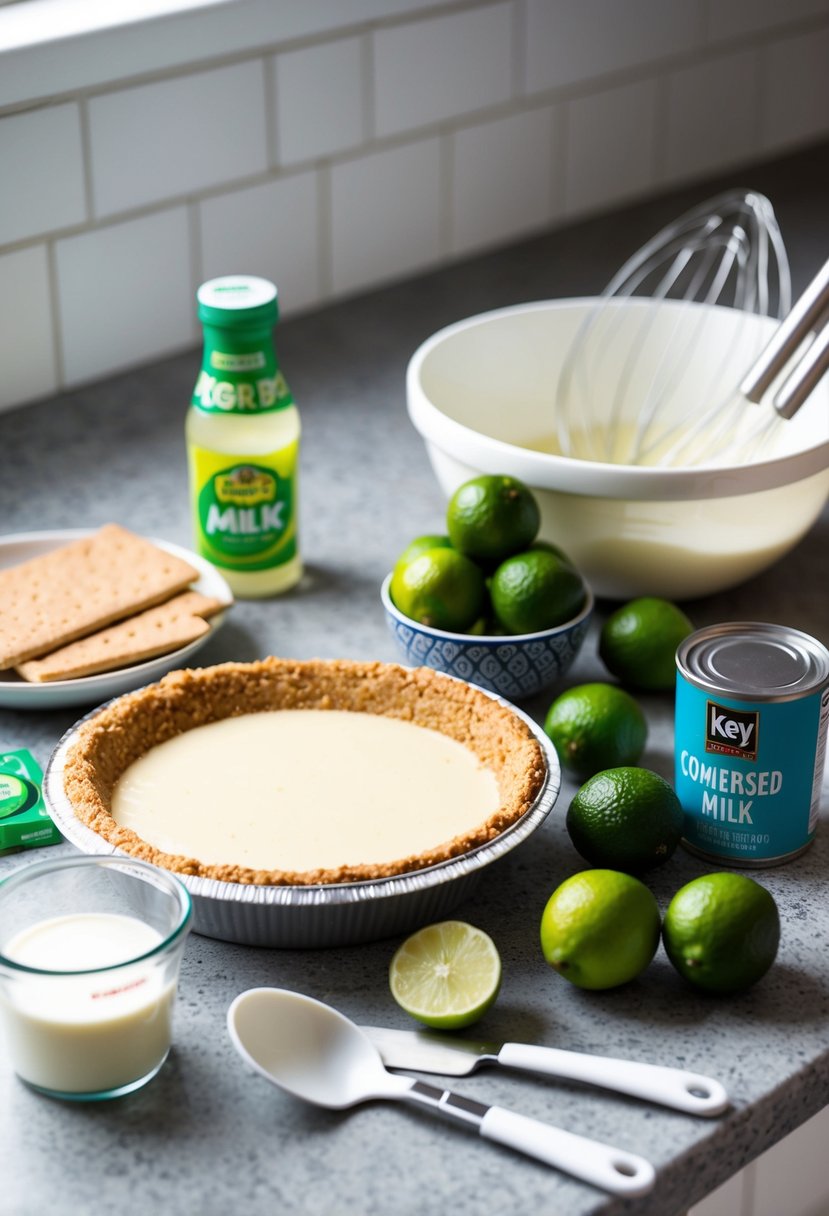 A countertop with ingredients and utensils for making a no-bake key lime pie, including a graham cracker crust, key limes, condensed milk, and a mixing bowl