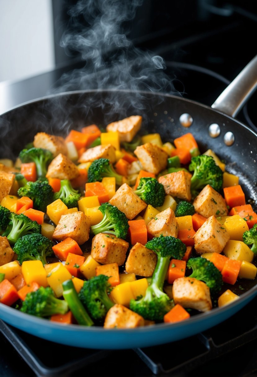 A sizzling skillet holds a colorful array of fresh vegetables and seasoned chunks of chicken, emitting a mouthwatering aroma