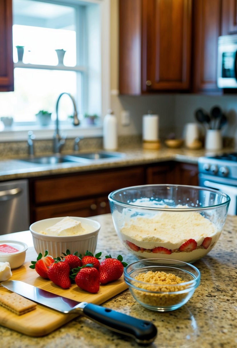 A kitchen counter with ingredients and utensils for making a no-bake strawberry cheesecake, including fresh strawberries, cream cheese, graham cracker crumbs, and a mixing bowl