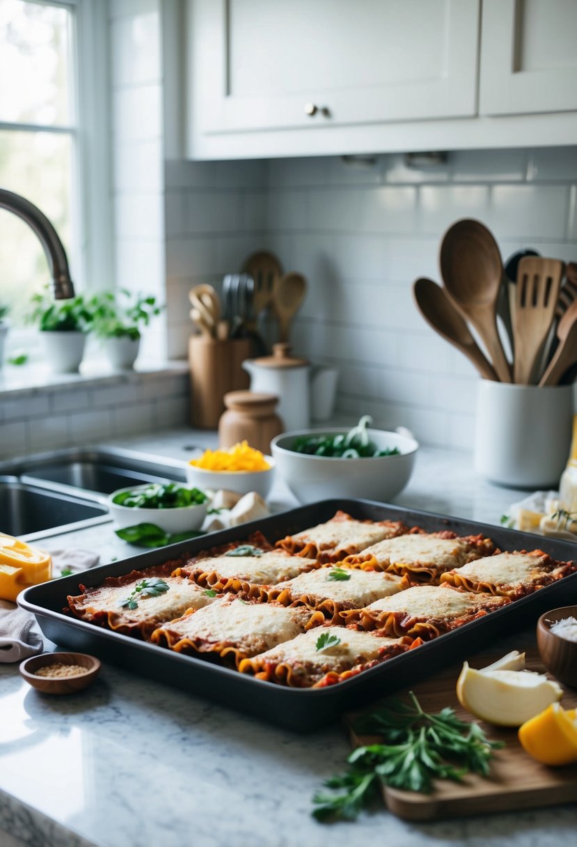 A kitchen counter with a tray of freshly made homemade freeze-dried lasagna, surrounded by various ingredients and kitchen utensils