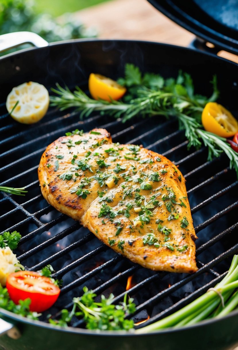 A sizzling chicken breast grilling on a barbecue, coated in a fragrant herb and garlic marinade, surrounded by fresh herbs and vegetables