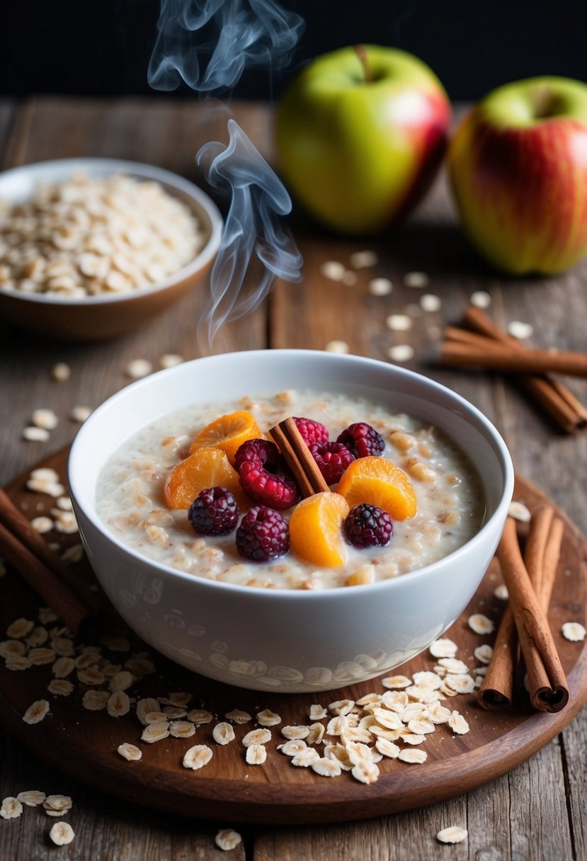 A steaming bowl of spiced apple oatmeal topped with colorful freeze-dried fruit sits on a rustic wooden table, surrounded by scattered oats and cinnamon sticks