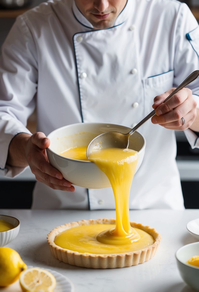 A chef mixes lemon curd in a bowl, then pours it into a pre-baked tart shell. They carefully spread the curd evenly, then refrigerate the tart to set