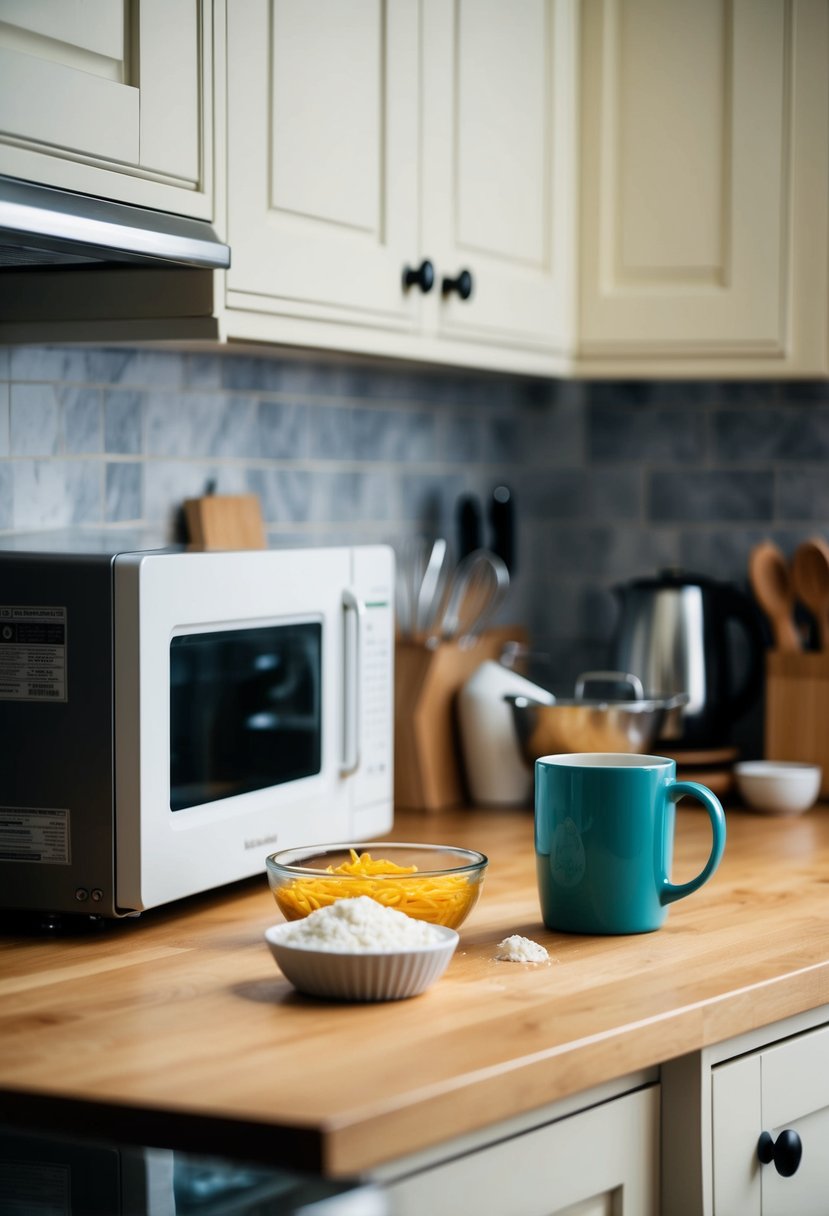 A microwave sits on a kitchen counter, with ingredients and a mug arranged nearby for making a mug cake