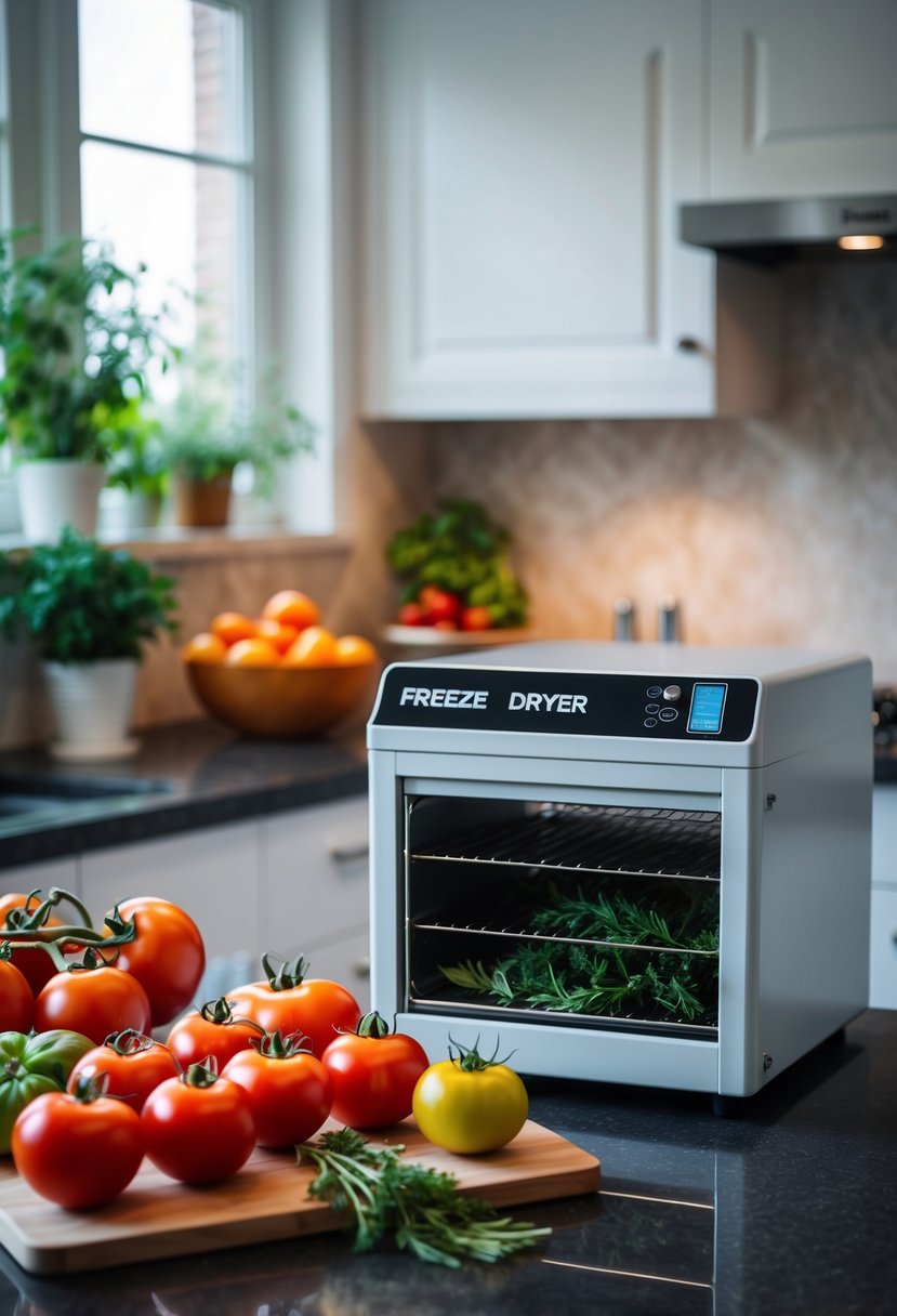 A kitchen counter with various fresh tomatoes, herbs, and a freeze dryer machine