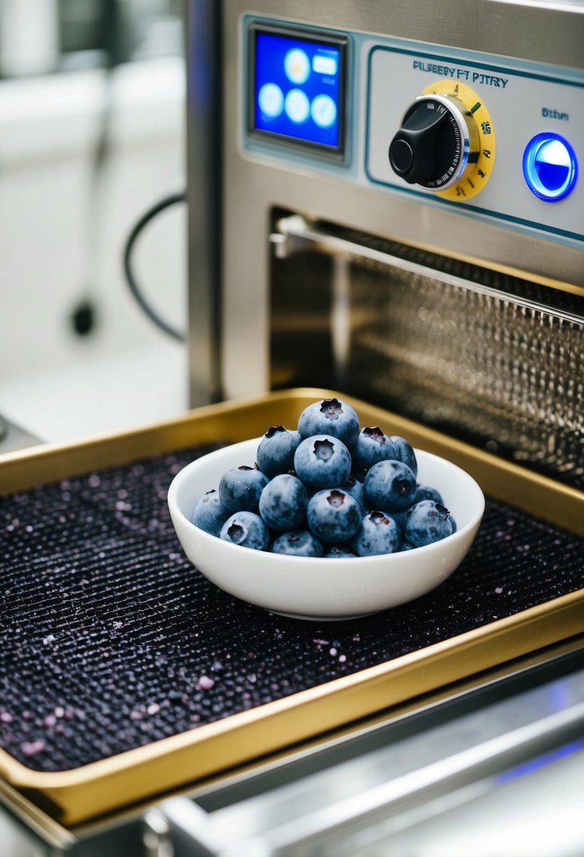 A bowl of blueberry yogurt bites sits on a tray inside a freeze-drying machine. The machine hums as it removes moisture from the bites, leaving them light and crunchy