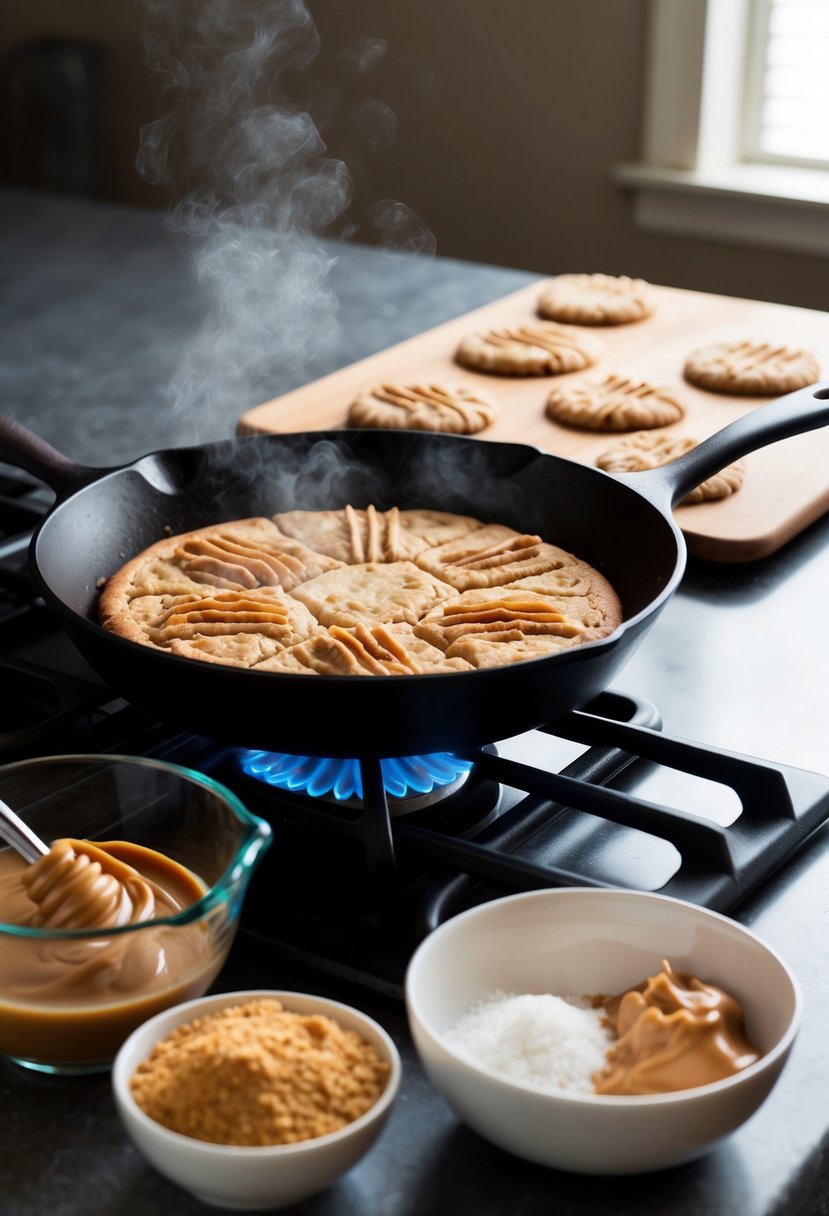 A stovetop skillet sizzles as peanut butter cookies bake. Ingredients sit nearby, ready to be mixed