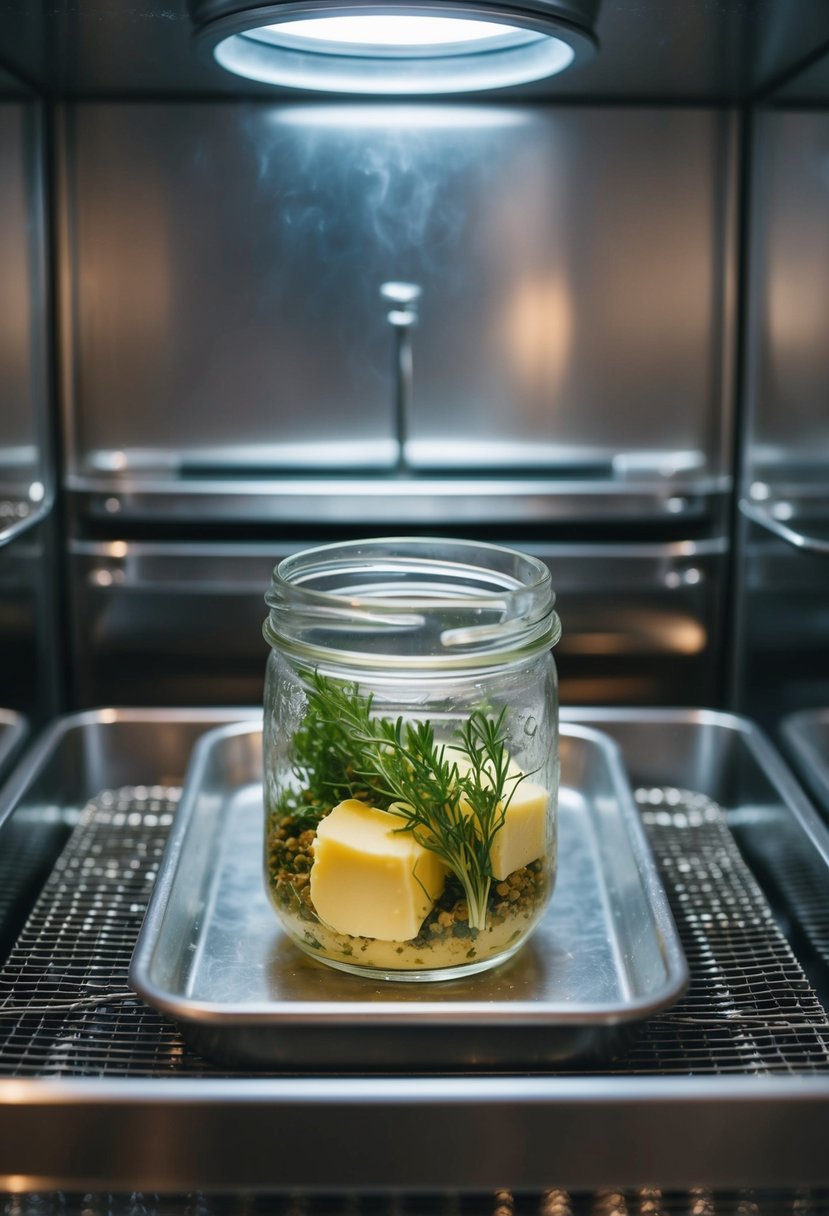 A glass jar filled with herbs and butter sits on a metal tray inside a freeze-drying machine