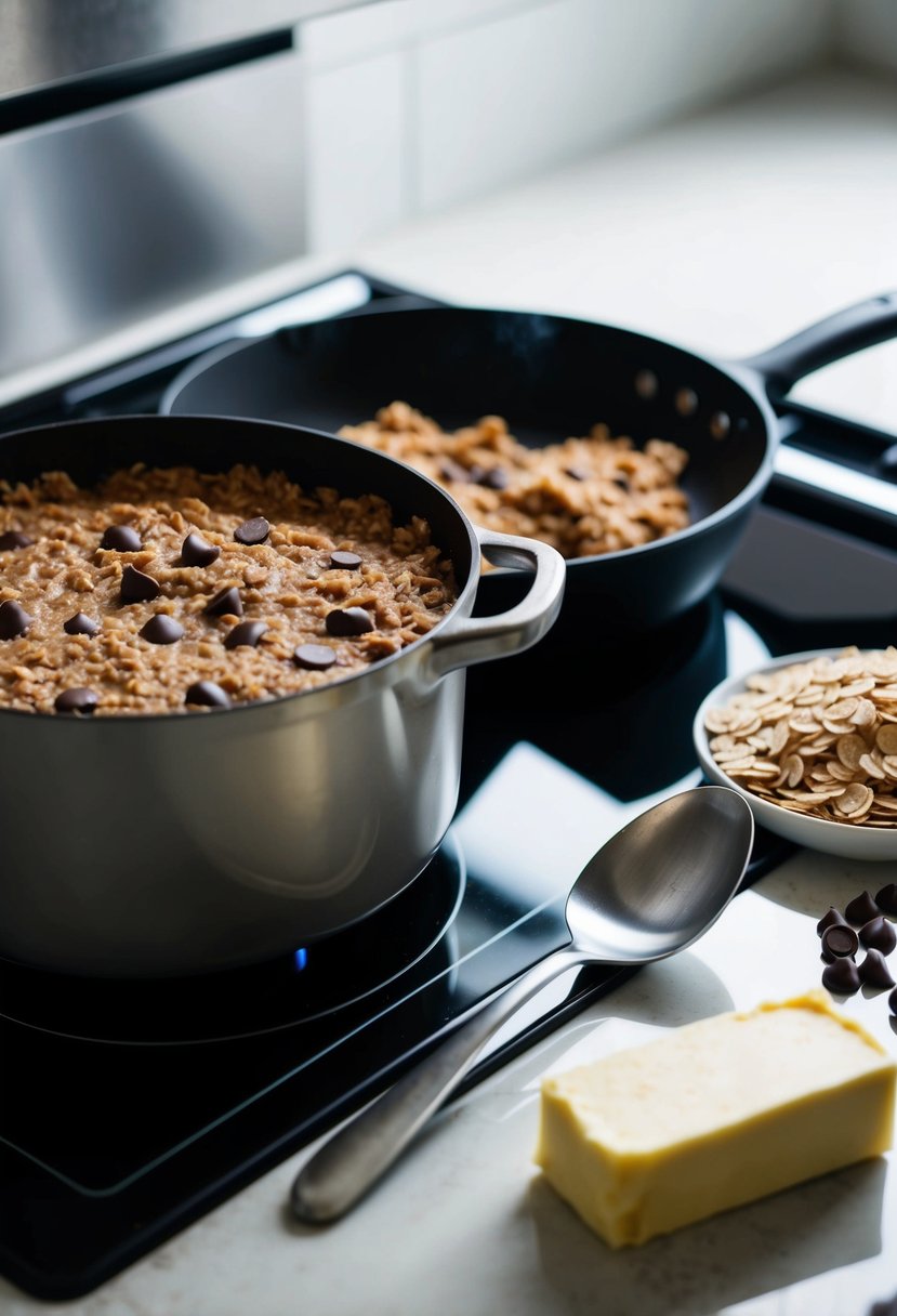 A stovetop with a pot of chocolate oatmeal cookie dough, a spoon, and a skillet. Ingredients like oats, chocolate chips, and butter are nearby