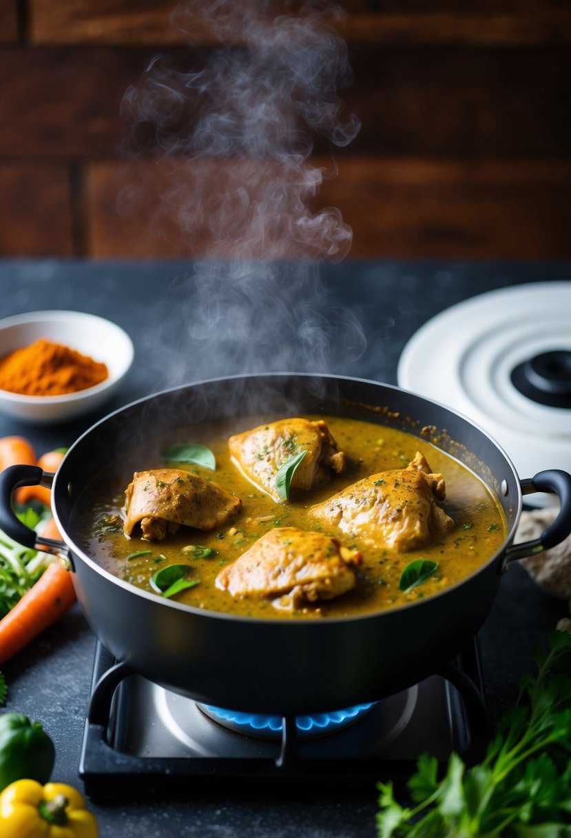 A steaming pot of chicken curry simmering on a stove, surrounded by aromatic spices and fresh vegetables