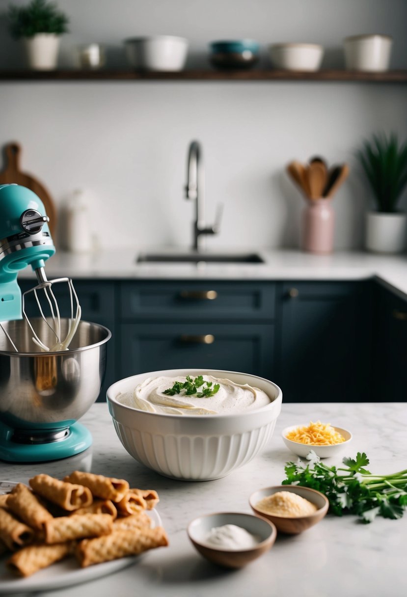 A kitchen counter with ingredients for cannoli dip, a mixing bowl, and a hand mixer