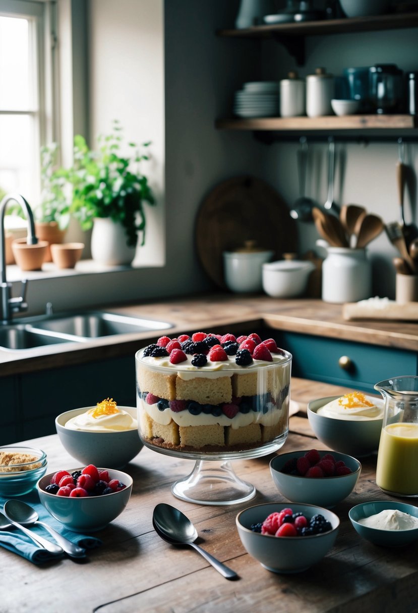 A rustic kitchen counter with bowls of mixed berries, custard, and sponge cake, surrounded by utensils and ingredients for a no-bake trifle recipe