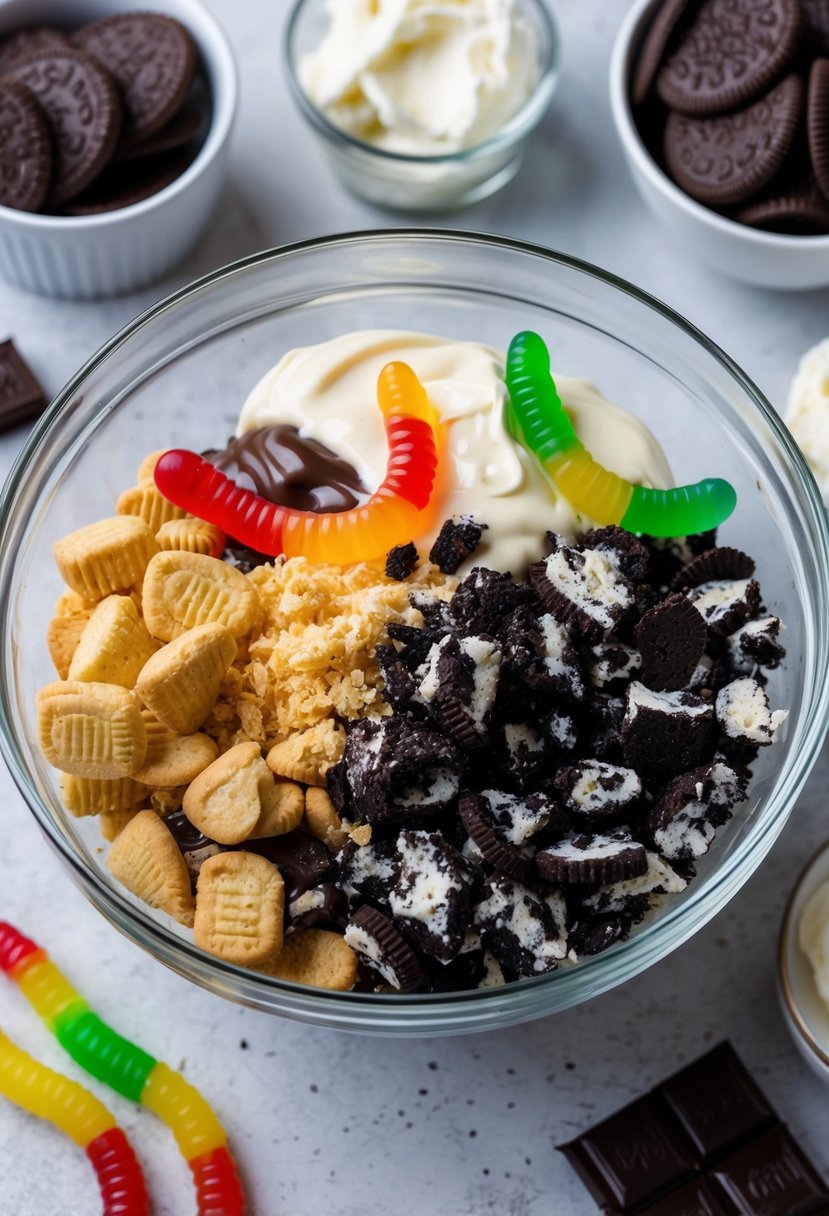 A mixing bowl filled with crushed cookies, pudding, and gummy worms, surrounded by ingredients like cream cheese and chocolate