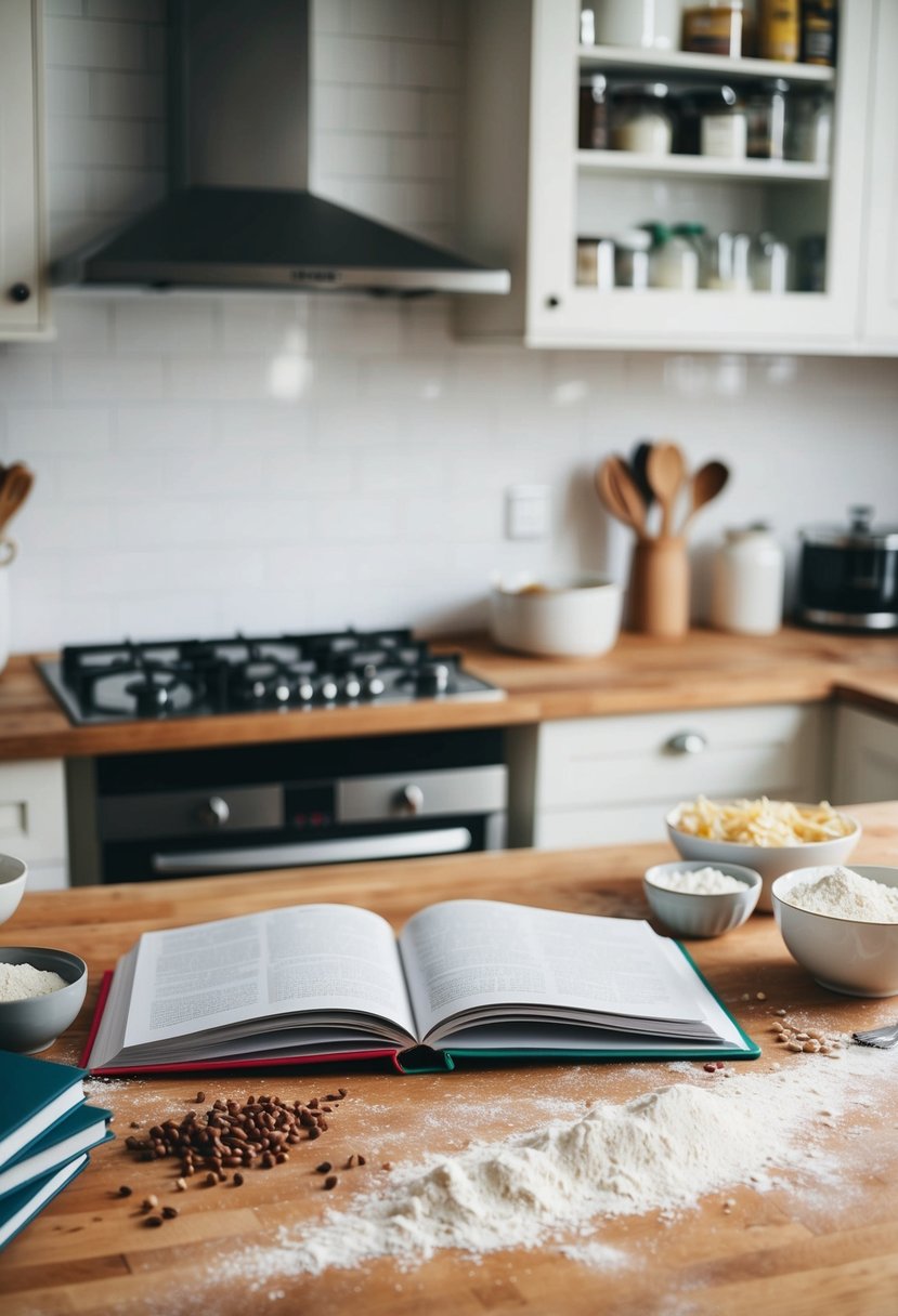 A cluttered kitchen counter with open cookbooks, spilled flour, and scattered ingredients