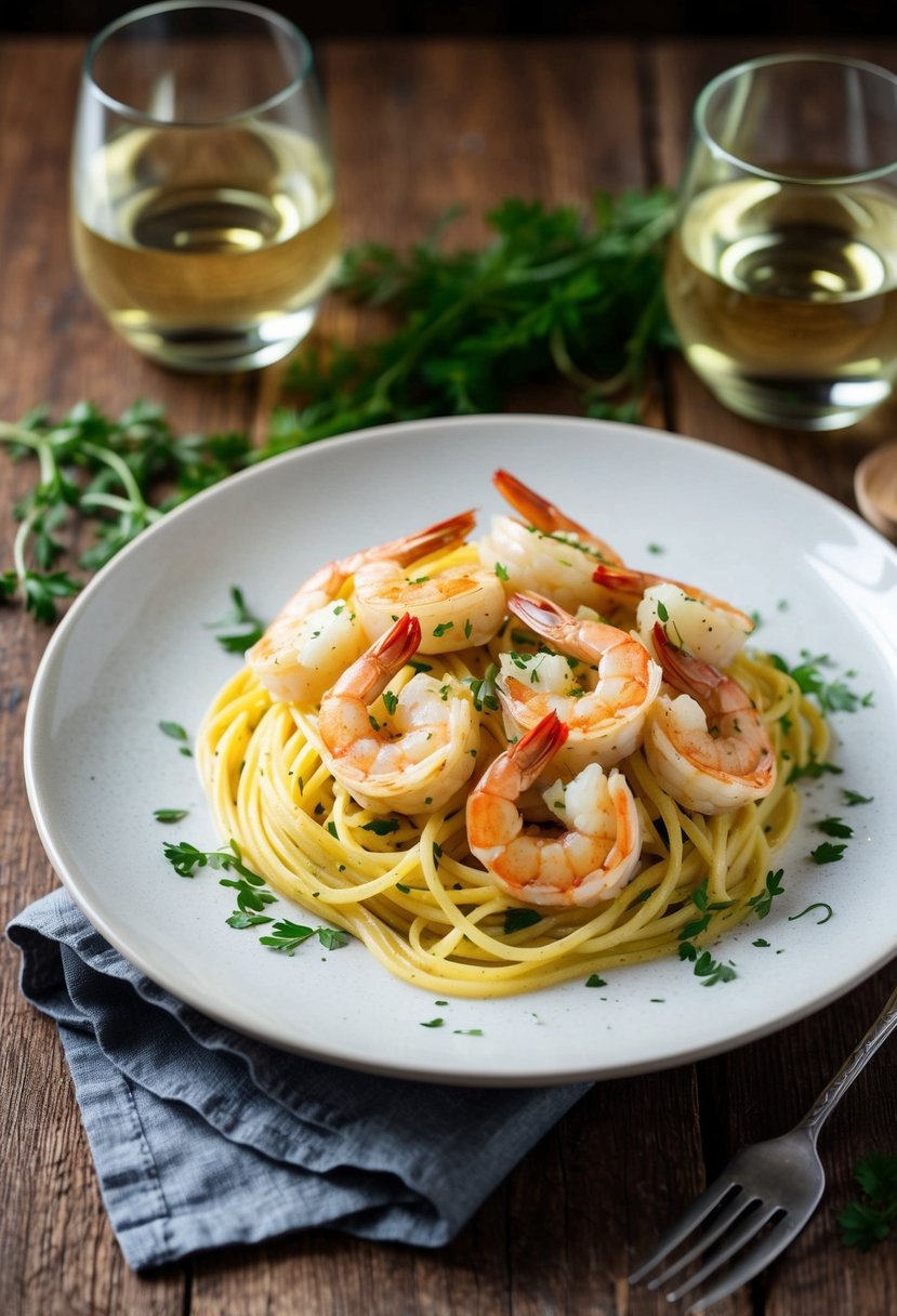 A steaming plate of garlic butter shrimp pasta on a rustic wooden table with a scattering of fresh herbs and a glass of white wine