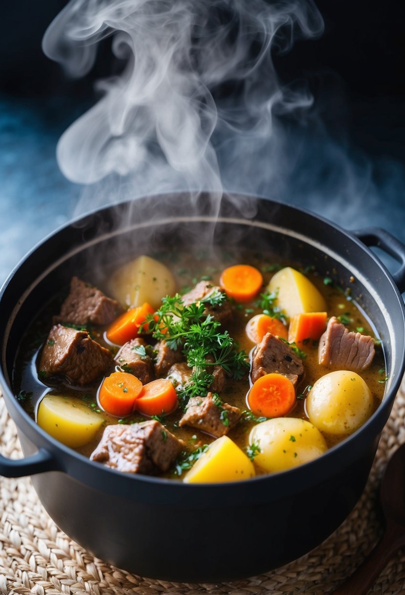 A large pot simmering with chunks of beef, carrots, potatoes, and herbs in a rich, savory broth. Steam rises from the bubbling stew