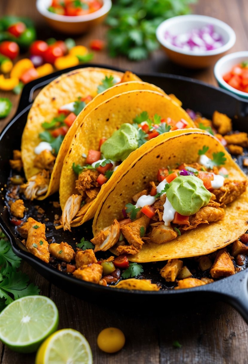 A sizzling skillet of spicy chicken tacos surrounded by colorful toppings and garnishes