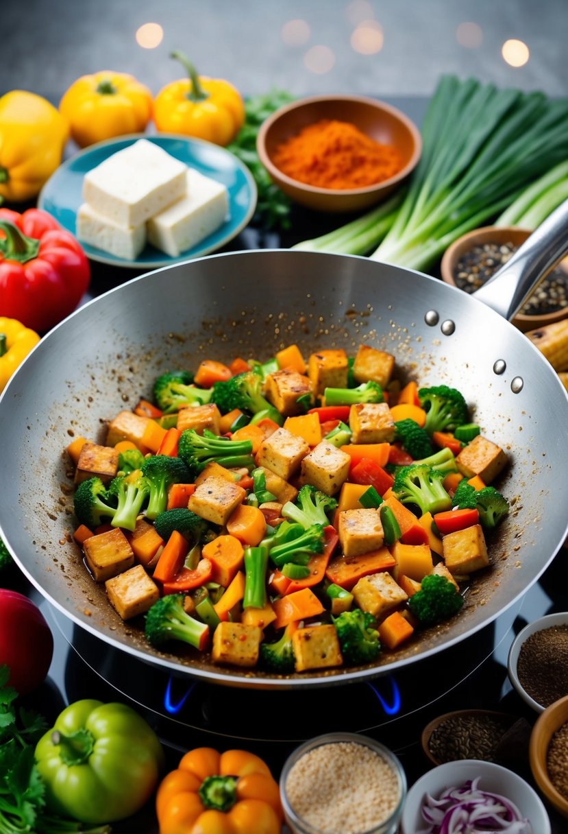 A sizzling wok filled with colorful vegetables and tofu, surrounded by an array of fresh produce and spices