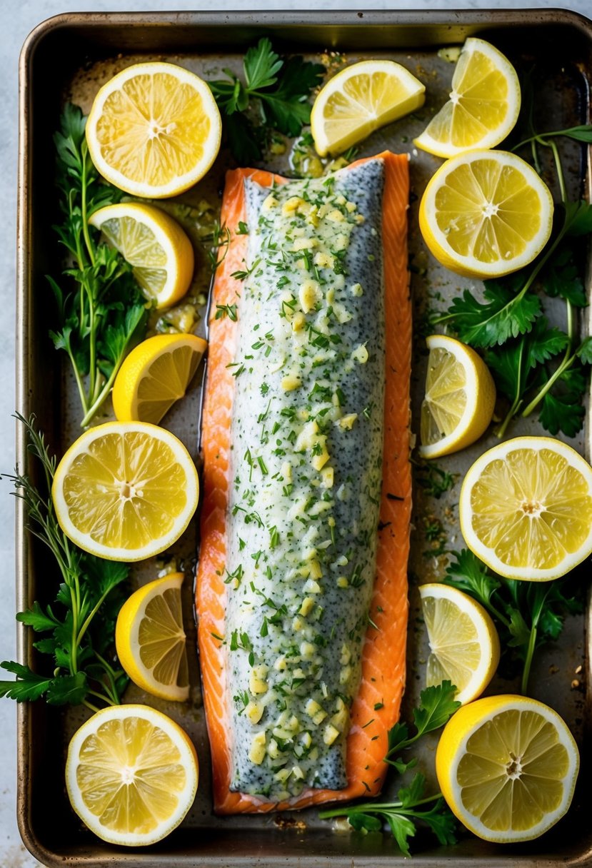 A fresh whole salmon fillet covered in a zesty lemon herb marinade, surrounded by vibrant green herbs and slices of lemon on a baking tray