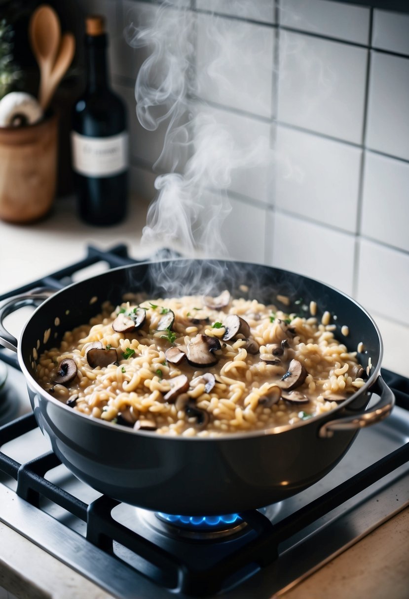 A bubbling pot of creamy mushroom risotto simmers on a stove, steam rising as the rich aroma of earthy mushrooms fills the kitchen