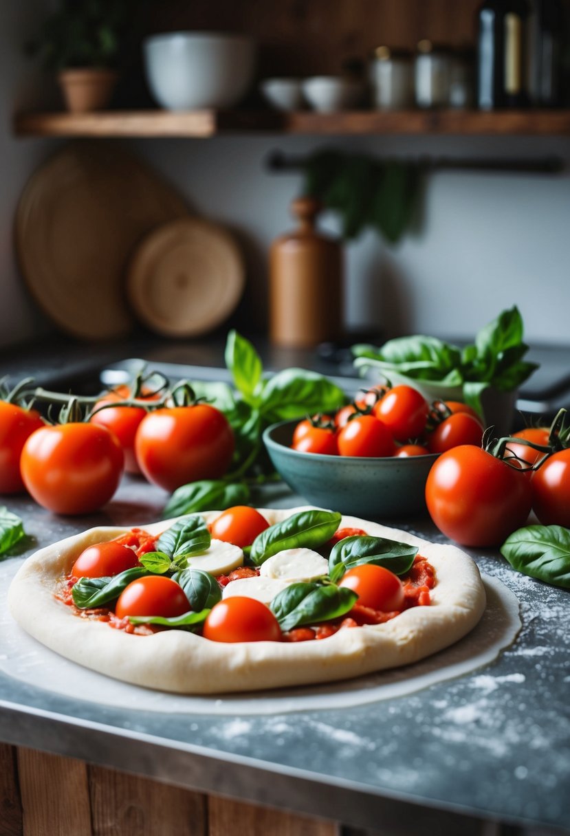 A rustic kitchen counter with fresh tomatoes, basil, mozzarella, and dough, ready to be assembled into a homemade Margherita pizza