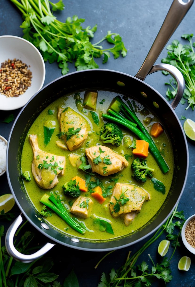 A pot of simmering Thai green curry with chicken, coconut milk, and vibrant green vegetables, surrounded by fragrant herbs and spices