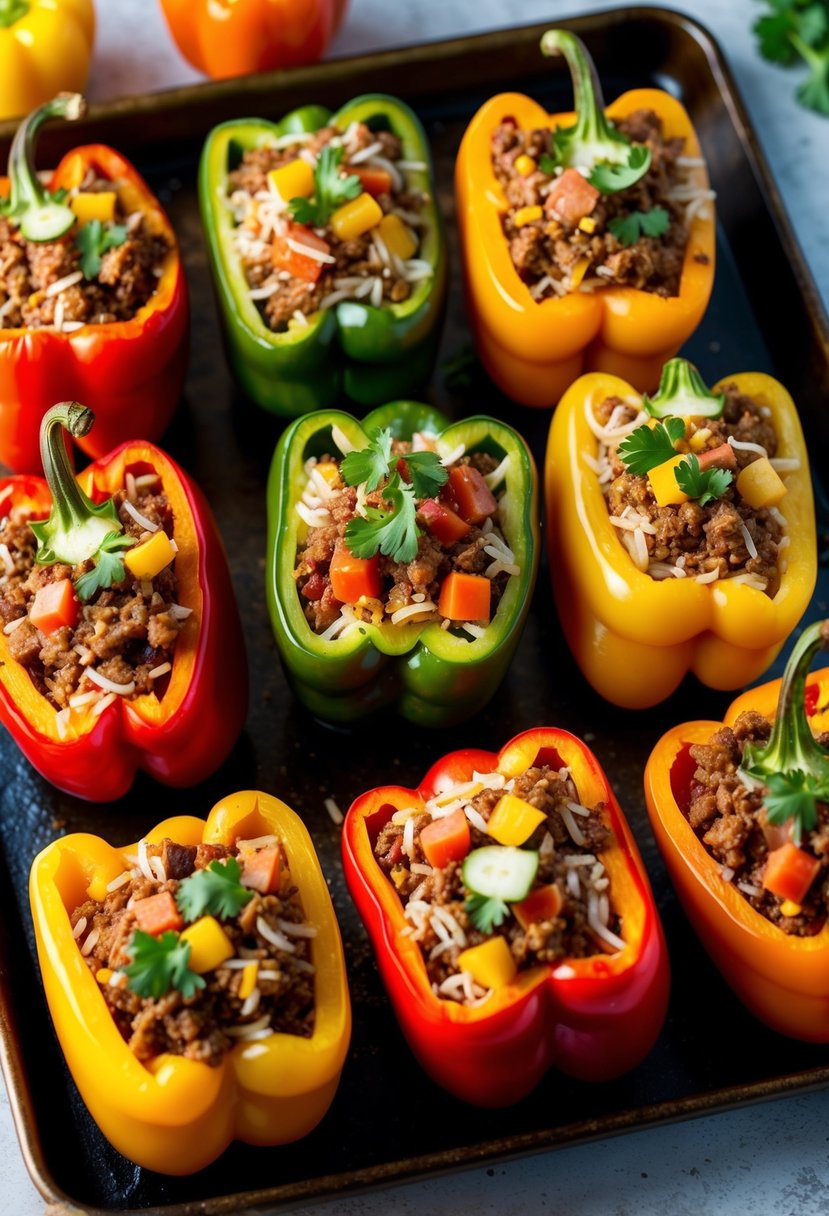 A colorful array of bell peppers stuffed with rice, ground meat, and vegetables, arranged on a baking sheet