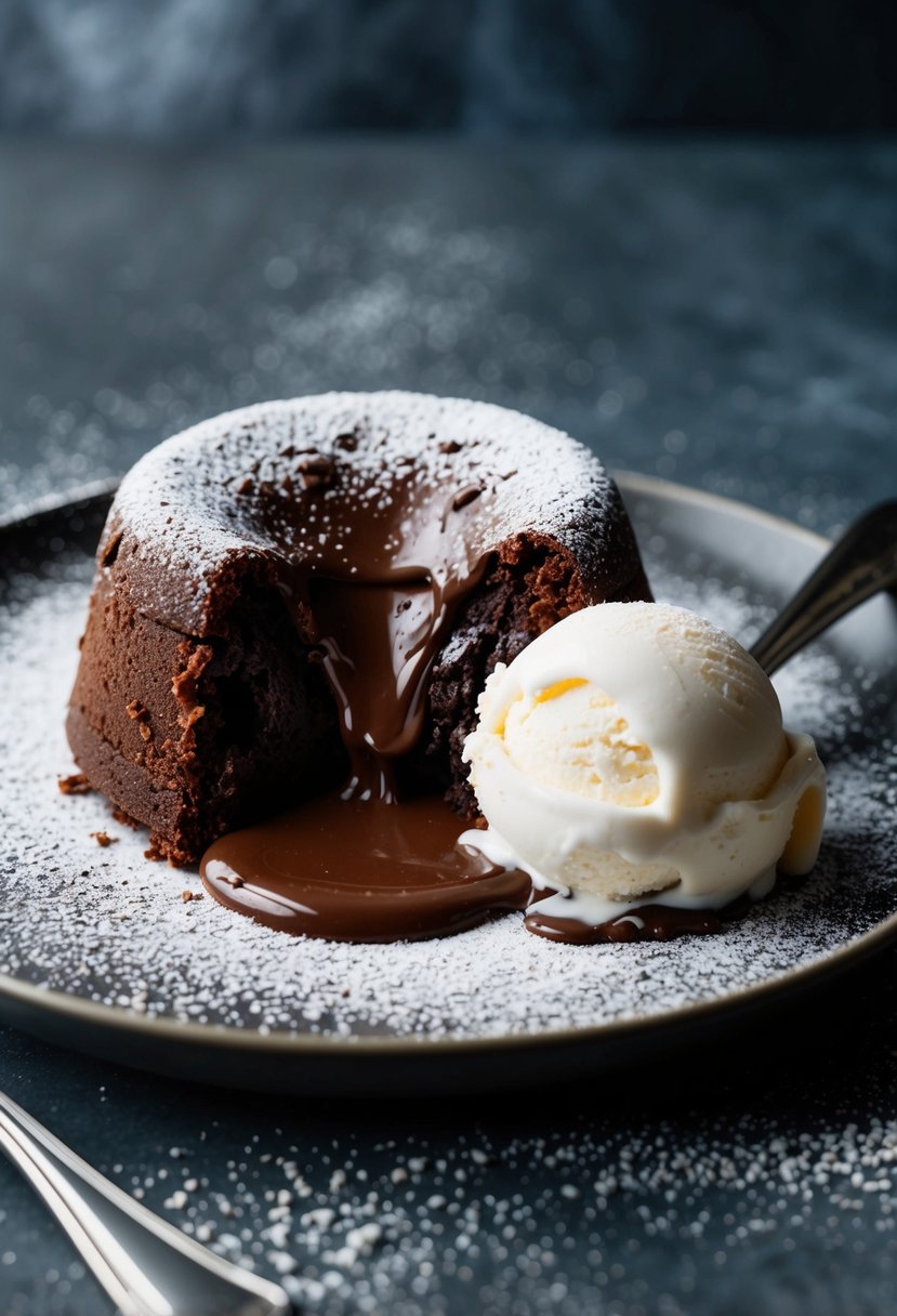 A rich, gooey chocolate lava cake oozes warm, molten chocolate from its center, surrounded by a dusting of powdered sugar and a scoop of vanilla ice cream on the side